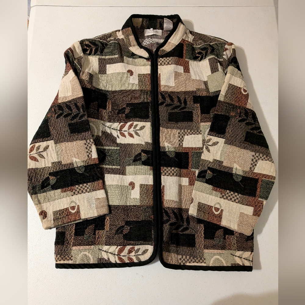 Studio Works Brown Tapestry Patchwork Boxy Zip Jacket Large Leaves Fall Boho